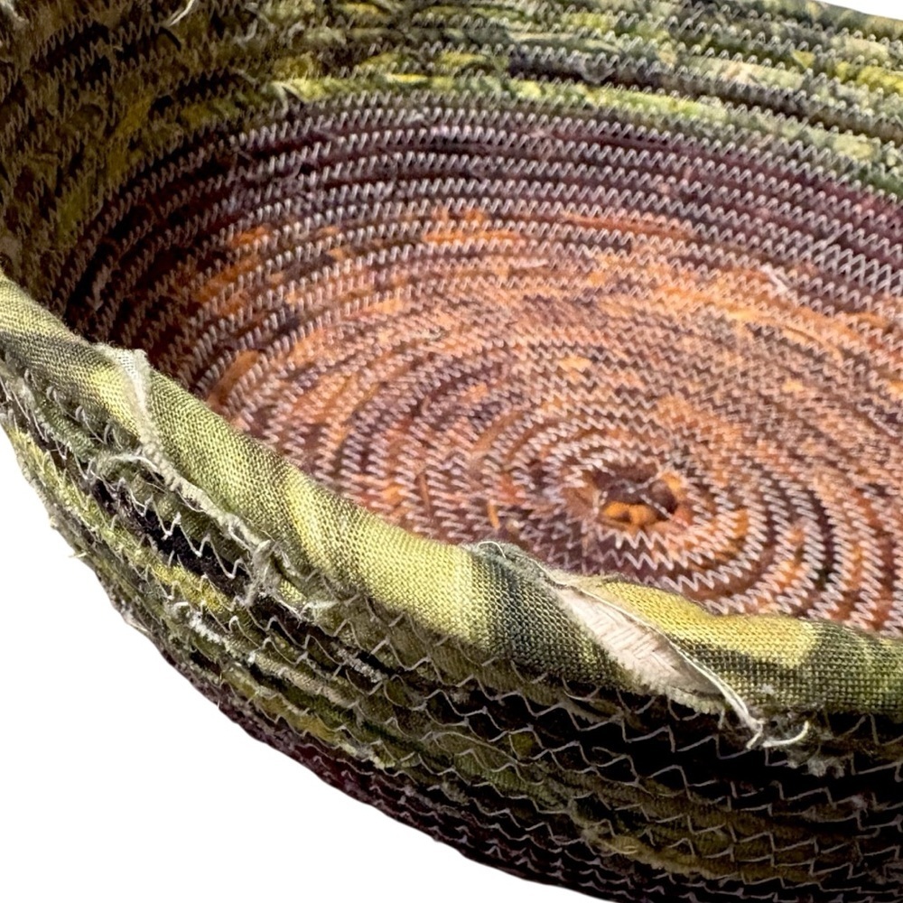 Fabric Wrapped Rope Basket Green And Brown 10” Handmade Earthy Boho Storage Tray - Picture 6 of 9
